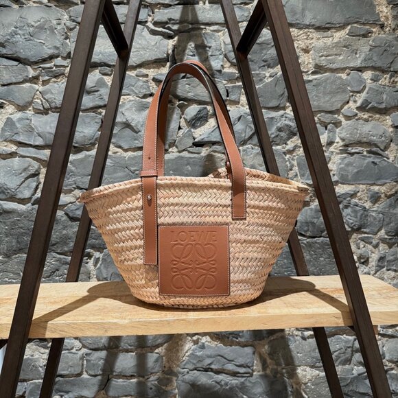 LOEWE Brown Leather Beige Raffia Medium Basket Tote Bag - Picture 1 of 13
